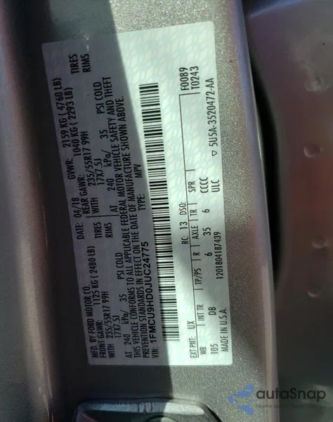 2018 Ford Escape Sel z USA, uszkodzony, nr VIN 1FMCU9HD0JUC24775